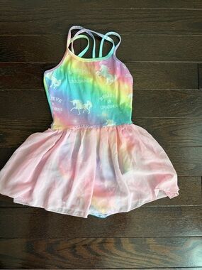 Girls Rainbow Unicorn Dance Leotard with Pink Chiffon Skirt
